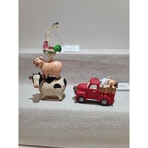 New Lot Of 2 Midwest Animal Stack Farmhouse Ornaments Christmas Red Truck